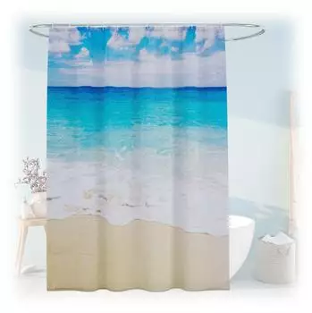 Relaxdays Duschvorhang mit Motiv, Polyester, 180x200cm, beige/wei&szlig;/hellblau