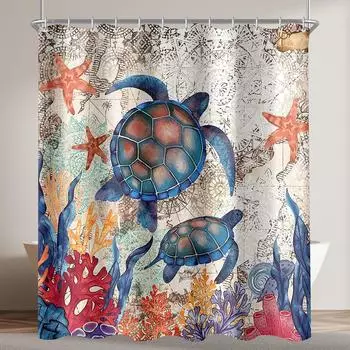LuxusKollektion Duschvorhang Schildkröte & Seestern, Textil, wasserabweisend, 180x200cm