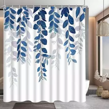 LuxusKollektion Duschvorhang Blaublatt-Motiv 180x200cm, Polyester, Anti-Schimmel