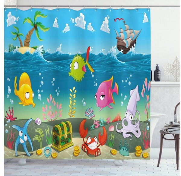 Abakuhaus Duschvorhang Moderner Digitaldruck mit 12 Haken auf Stoff 175 x 220 Cartoon Meerestiere Unterwasser