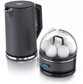 Arendo Set ELEGANT & SEVENCOOK Wasserkocher 1,5L mit Eierkocher, Edelstahl, grau