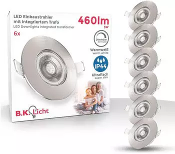 B.K.Licht LED Bad-Einbauleuchte &Oslash;90mm 5W 480lm Warmwei&szlig; chrom-matt 6er Set (BKL1283)