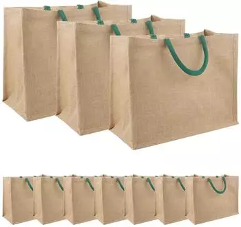 vidaXL Jute-Handtaschen 10er-Set, natur/gr&uuml;n, 42x33x19cm