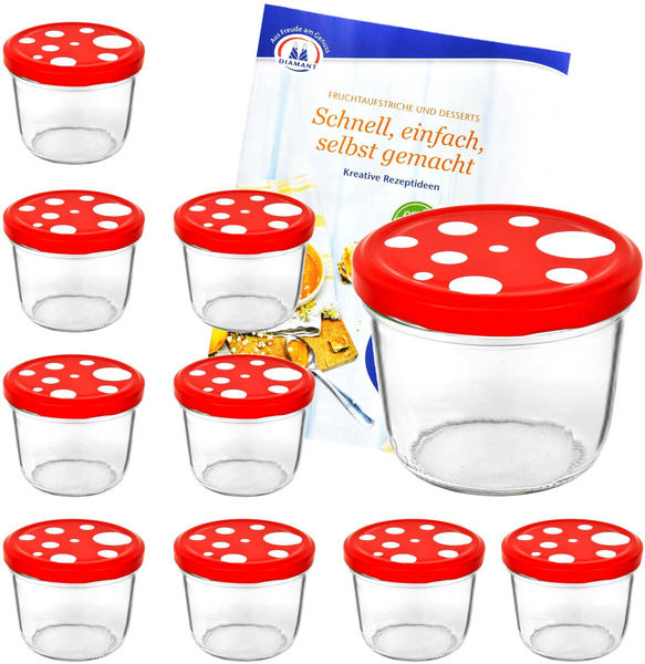 MamboCat 10er Set Sturzglas 230 ml Fliegenpilz rot weiß gepunkteter Deckel inkl. Diamant Gelierzauber Rezeptheft