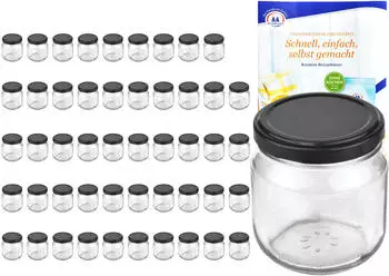MamboCat 50er Set Rundglas 212 ml nieder To 66 schwarzer Deckel Sturzgl&auml;ser Einkochgl&auml;ser incl. Rezeptheft