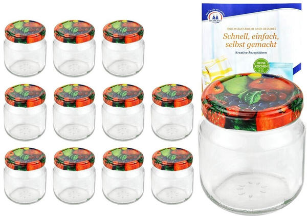 MamboCat 12er Set Rundglas 212 ml nieder To 66 ObstNachbildung Deckel Marmeladengläser Gläser incl. Rezeptheft