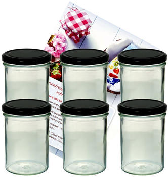 MamboCat 6er Set Sturzglas 435 ml Marmeladenglas Einmachglas Einweckglas To 82 schwarzer Deckel incl. Diamant-Zucker Gelierzauber Rezeptheft