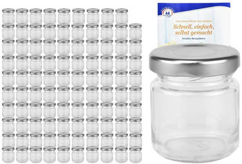 MamboCat 100er Set Sturzglas 53 ml To 43 silberner Deckel Mini Einmach Einkoch Gläser Glas incl. Rezeptheft