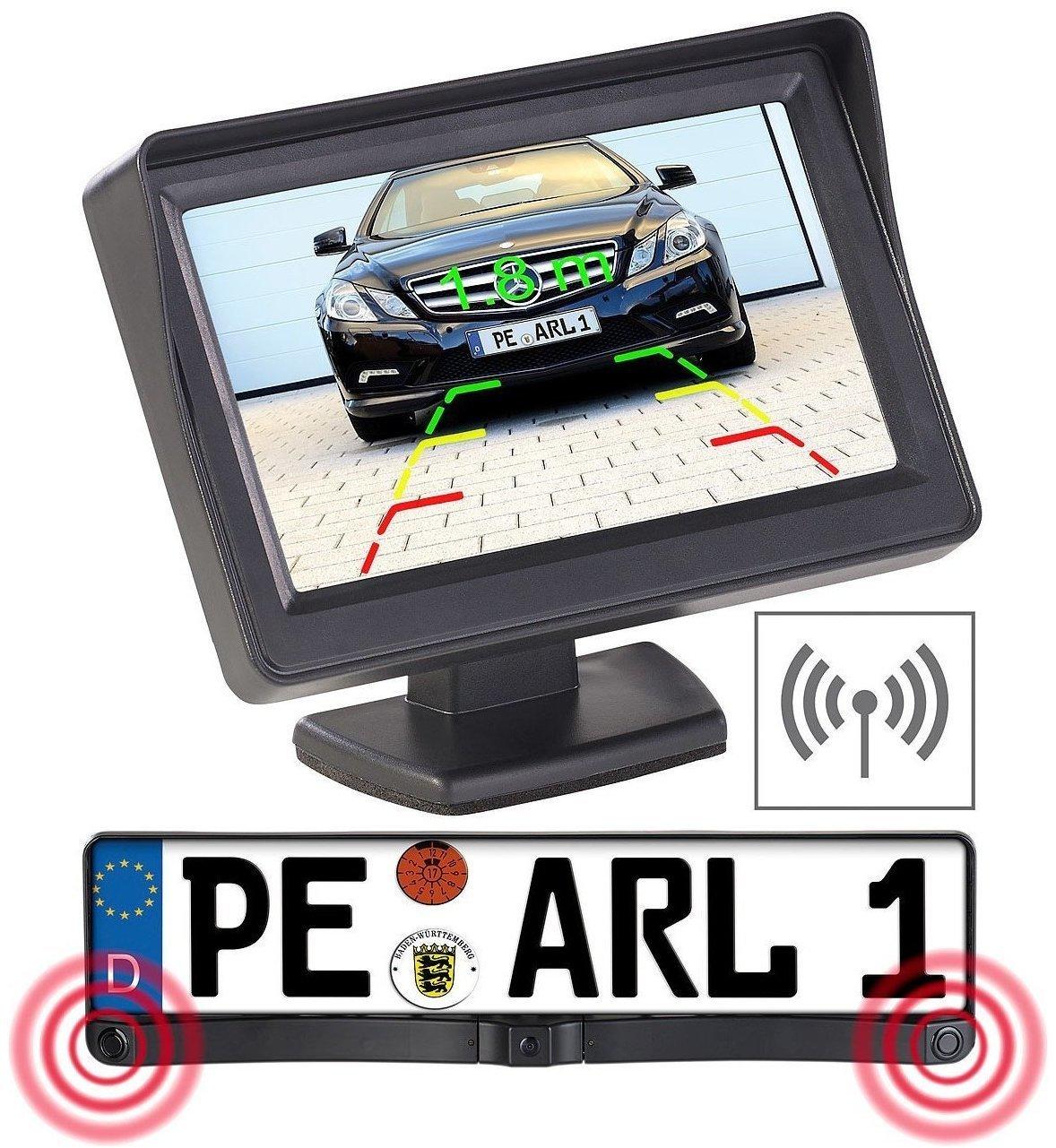 Lescars Funk-Rückfahrkamera in Nummernschildhalter m Monitor &  Abstandswarner Einparkhilfe
