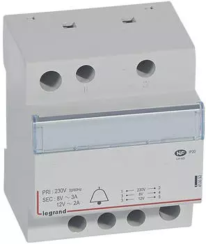 Legrand Klingeltransformator Prim. 230V AC Sek. 12/8V AC 2/3A 24VA 4TE (413092)