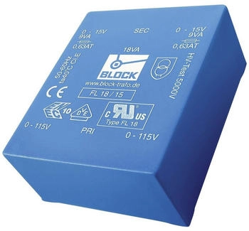 Block-Trafo FL 18/6 Printtransformator 2 x 115 V 2 x 6 V/AC 18 VA 1.5 A (FL 18/6)