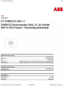 ABB ZHBM123 Stromwandler 300/1A 5VA Klasse 1 (1SEP619900P0001)