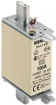 Siemens NH-Sicherungseinsatz, NH000, In: 100 A, gG, Un AC: 500 V, Un DC: 250 V, Stirnkennmelder, spannungsf&uuml;hrende Grifflaschen (3NA3830)