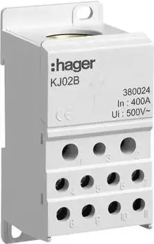 Hager Verteilerblock 400A geschl., 1polig, 1x 95-185&sup2;/2x 6-35&sup2;/5x 1,5-16&sup2;/4x 1,5-10&sup2; (KJ02B)