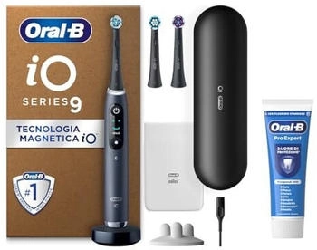 Oral-B Elektrische Zahnbürste, wiederaufladbar, iO 9, Schwarz, 3 Ersatzbürsten, 1 Reiseetui mit Ladegerät + 1 Zahnpasta pro Expert