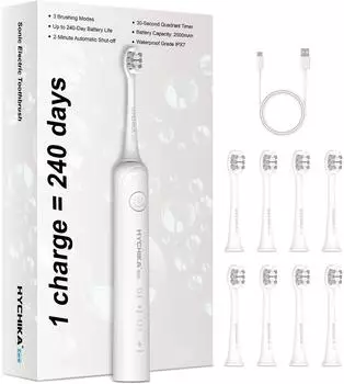 HYCHIKA Elektrische Zahnbürste für Erwachsene + 8 Ersatzbürstenköpfe weiß