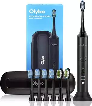 Olybo Rechargeable Sonic Toothbrush schwarz + 6 Ersatzb&uuml;rstenk&ouml;pfe & Reise-Etui