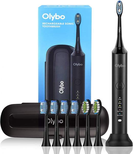 Olybo Rechargeable Sonic Toothbrush schwarz + 6 Ersatzbürstenköpfe & Reise-Etui