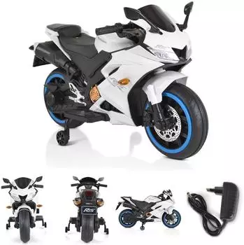 Moni Kinder-Elektromotorrad Motocross mit Bluetooth, MP3, St&uuml;tzr&auml;der, wei&szlig;