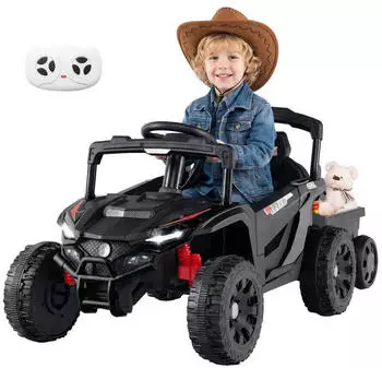 Costway Kinder-Elektroauto mit abnehmbarem Anhänger, 12V, 2,4G Fernbedienung, schwarz