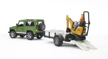 Bruder Land Rover Defender Station Wagon mit Einachsanh&auml;nger, JCB Mikrobagger 8010 CTS und Bauarbeiter (02593)