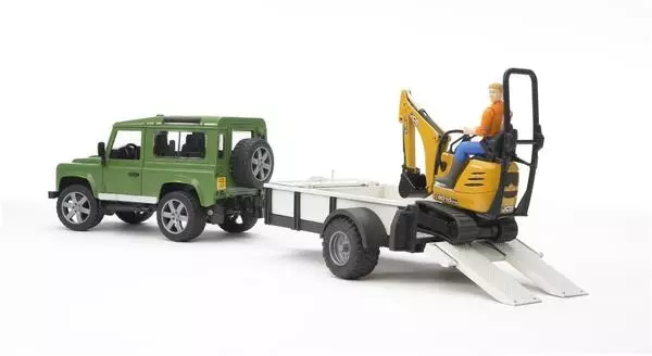 Bruder Land Rover Defender Station Wagon mit Einachsanhänger, JCB Mikrobagger 8010 CTS und Bauarbeiter (02593)