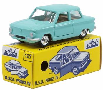 Solido 421436620 S1001271 NSU Prinz IV, 1963-1967, Serie 100, Modellauto, Maßstab 1:43, im Stülpdeckelkarton mit Schiebehülle, türkis