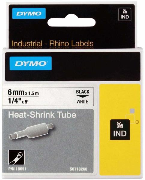 Dymo Rhino IND ORIGINAL Heißschrumpfschlauch 6mm x 1,5m, schwarz auf weiß, , Etiketten- Schrumpfschlauch für Durchmesser 1,18-2,33 mm, 18051