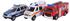 Kids Globe 2Play Einsatzfahrzeuge Geschenkset 3fach sortiert (Spritzguss Miniaturfahrzeug, Polizeiauto, Feuerwehrauto und Notarztwagen) - mit Rückzugmotor, Licht und Sound, inkl. Batterie - 510176