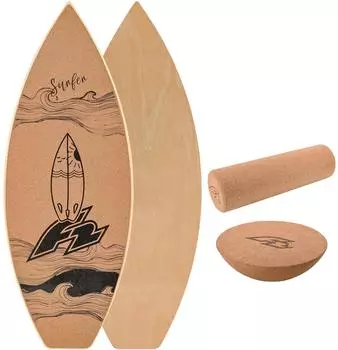 F2 Kork Balance Board Surf 74x30cm mit Korkrolle + Kork Halbkugel beige NO SIZE