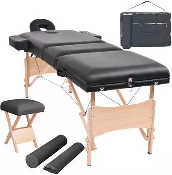 vidaXL Massageliege 3-Zonen klappbar mit Hocker, 10cm Sitz, schwarz (110157)