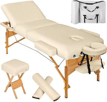 TecTake 3-Zonen Massageliege mit 10cm Polsterung, Rollen und Holzgestell beige