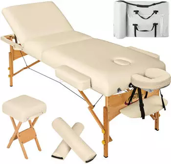 TecTake 3-Zonen Massageliege mit 10cm Polsterung, Rollen und Holzgestell beige