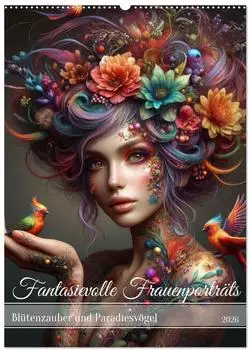 Calvendo Fantasievolle Frauenportr&auml;ts Bl&uuml;tenzauber und Paradiesv&ouml;gel (Wandkalender 2026 DIN A2 hoch), Monatskalender (ISBN: 978-3-516-25154-8)