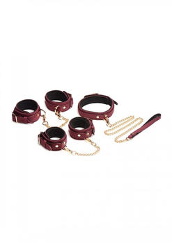 Master Series 6 Piece Velvet Bondage Set Burgundy Cuffs# Collar# & Leash