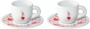 Bialetti Tazzine Moka Cuore 2er-Set mit Untertassen, wei&szlig;/rot (Y0TZ021)