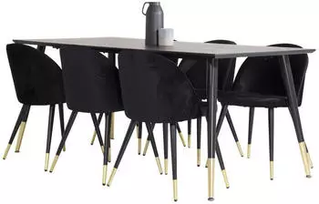 ebuy24 Dipp 180x90 cm BLBR Esstisch schwarz + 6 Velvet St&uuml;hle Velour schwarz/Messing (60-GR850)
