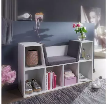 Finebuy Standregal mit Sitzbank und Stauraum, 6 F&auml;cher, Wei&szlig;/Grau, 101,5x61,5x30cm (FB54424)