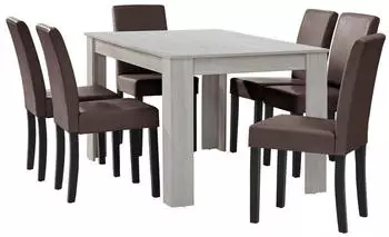 en.casa Esstisch Eiche wei&szlig; mit 6 St&uuml;hlen braun Kunstleder gepolstert 140x90 Essgruppe Esszimmer