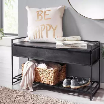 Finebuy Garderobenbank mit Stauraum 90x52x38cm, Mango Massivholz, Schwarz (FB34727)