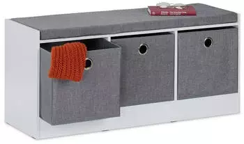 Relaxdays Sitzbank mit Polster und 3 F&auml;chern, Holzwerkstoff, Wei&szlig;/Grau, 102x46x32cm