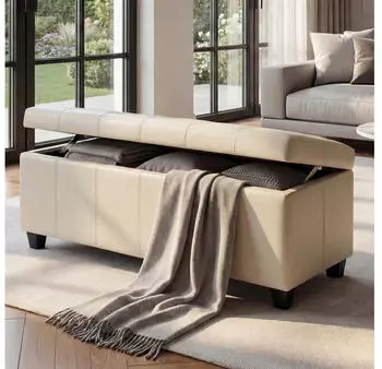 MCW Kriens Aufbewahrungs-Truhe Sitzbank Leder/Kunstleder 112x45x45cm Creme (16334)
