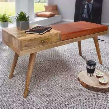 Finebuy Sitzbank gepolstert 100cm Echtleder Massivholz mit Schublade (FB49201)