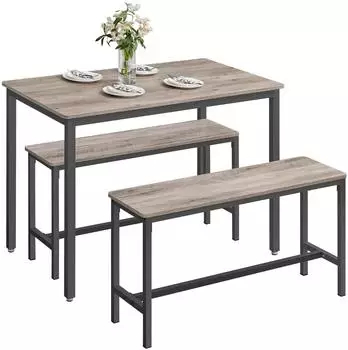 Vasagle 3er-K&uuml;chentisch-Set mit 2 B&auml;nken 110x70x75 cm Greige meliert-Tintenschwarz
