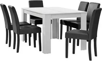 en.casa Esstisch wei&szlig; matt mit 6 St&uuml;hlen dunkelgrau Kunstleder gepolstert 140x90 Essgruppe Esszimmer