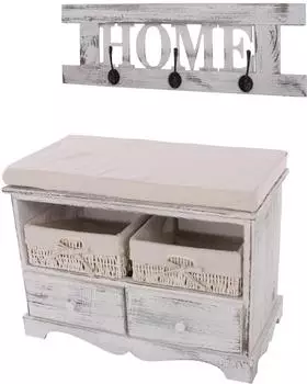 Mendler Garderobenbank mit 2 K&ouml;rben 42x62x33cm, Shabby Vintage, Wei&szlig; (30441)