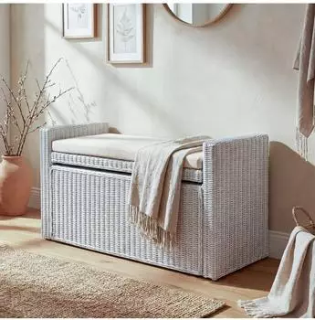 MCW Genua Sitzbank mit Stauraum, Rattan, wasserabweisend, 88cm, wei&szlig;