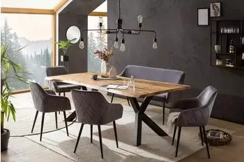 SalesFever 6-tlg. Akazie-Essgruppe 220x110 cm Akazie 4 St&uuml;hle & 1 Bank in Samt-Optik natur &ndash; schwarz &ndash; grau