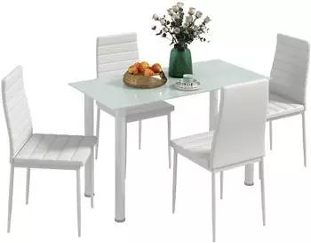 HomCom 5-tlg. Essgruppe, Esstisch mit 4 St&uuml;hlen, K&uuml;chentisch mit Hartglasplatte Stahl, Wei&szlig;
