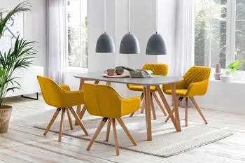 SalesFever Sitzgruppe 5-teilig 180x90 cm grau + Eiche 4x Stuhl Textil gelb + Beine Eiche (393260)
